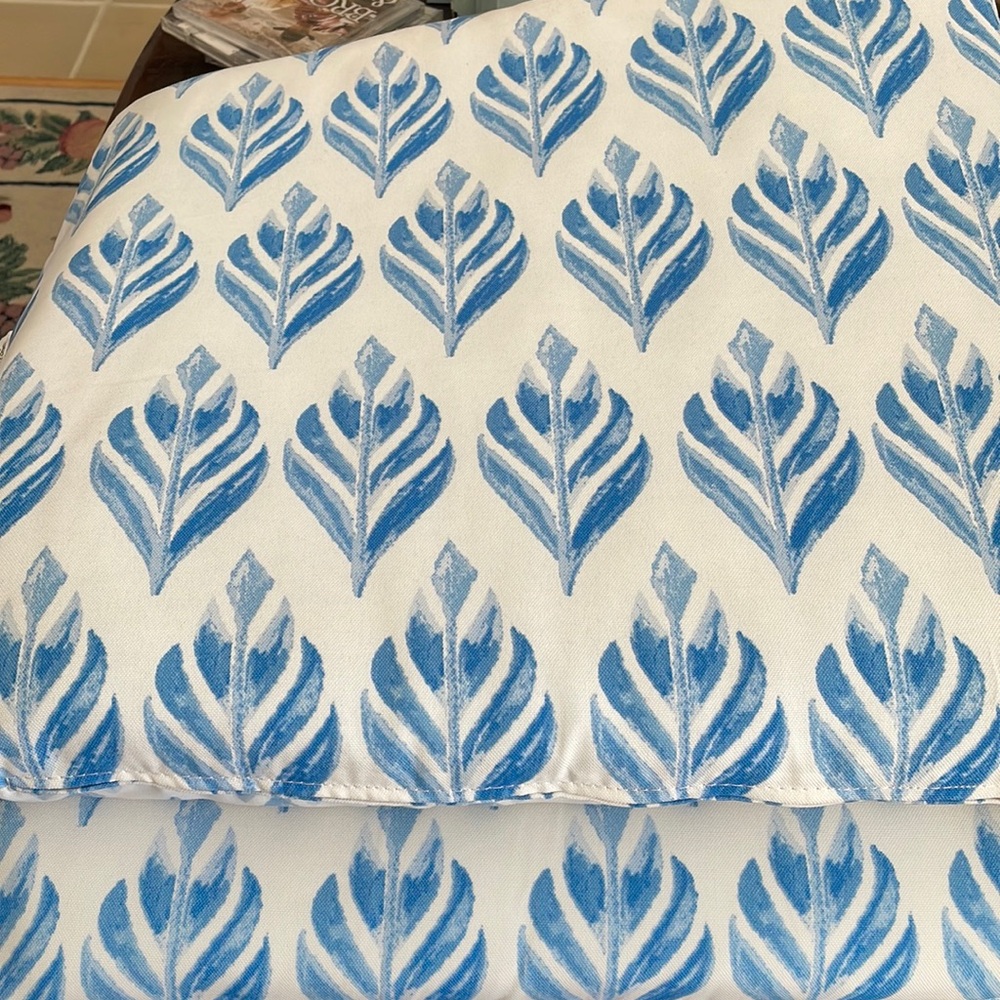 2 blue and white seat pads, indoor or outdoor looks like 18 inches by 19 inches!